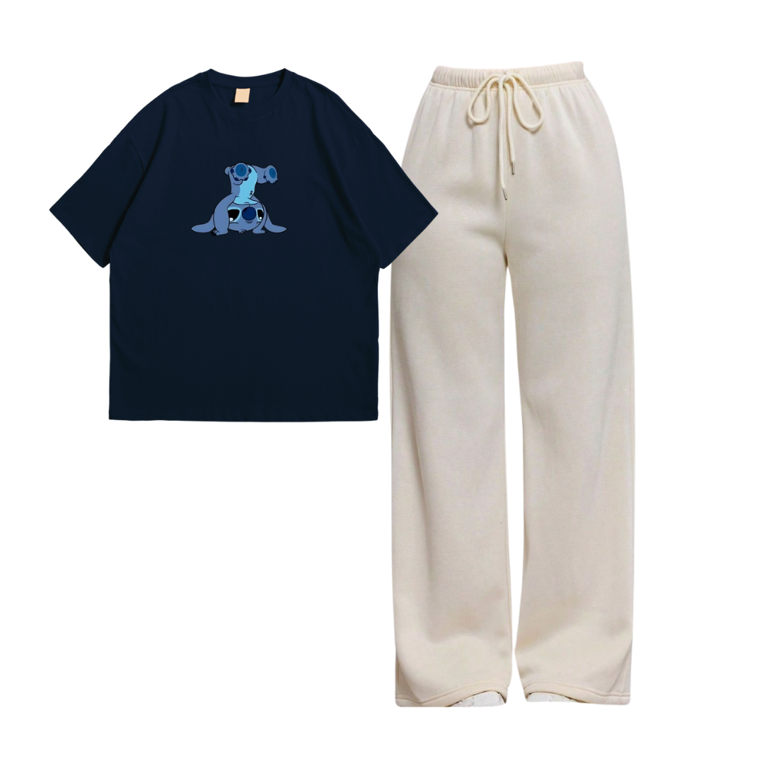 Stitch Oversize Tee With Cream Straight Leg Trouser