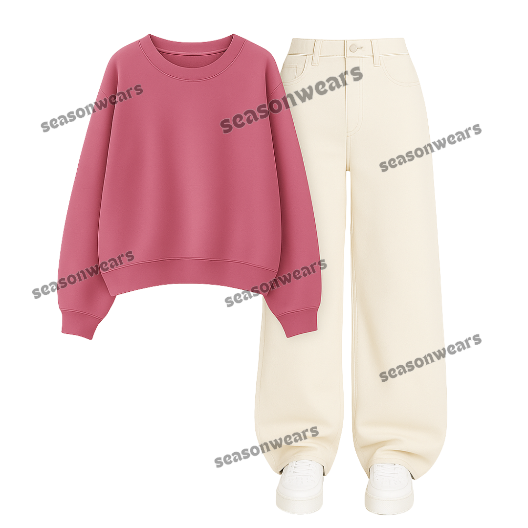 Beige Wide Leg Jeans With Sweatshirt