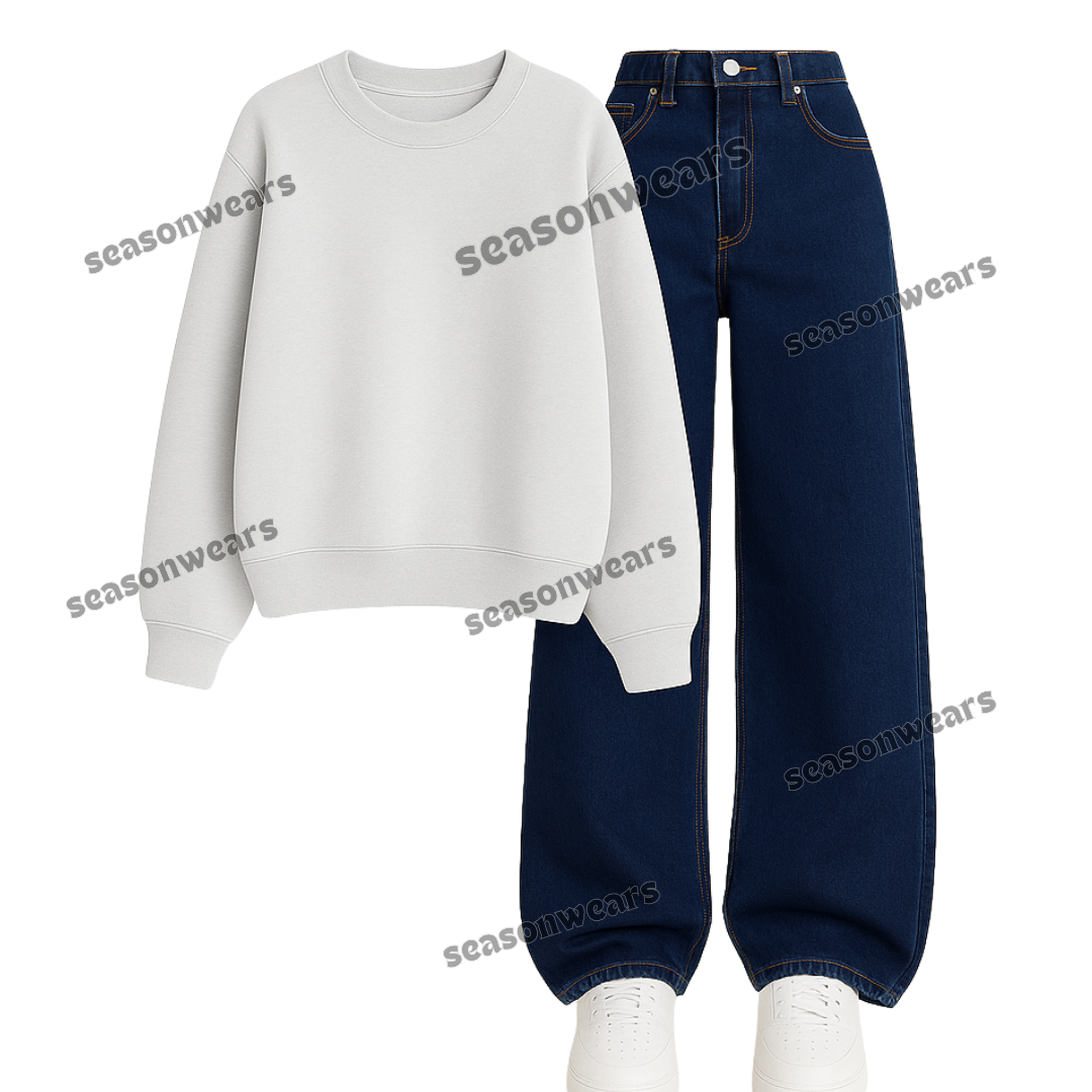 Dark Blue Wide Leg Jeans With Sweatshirt