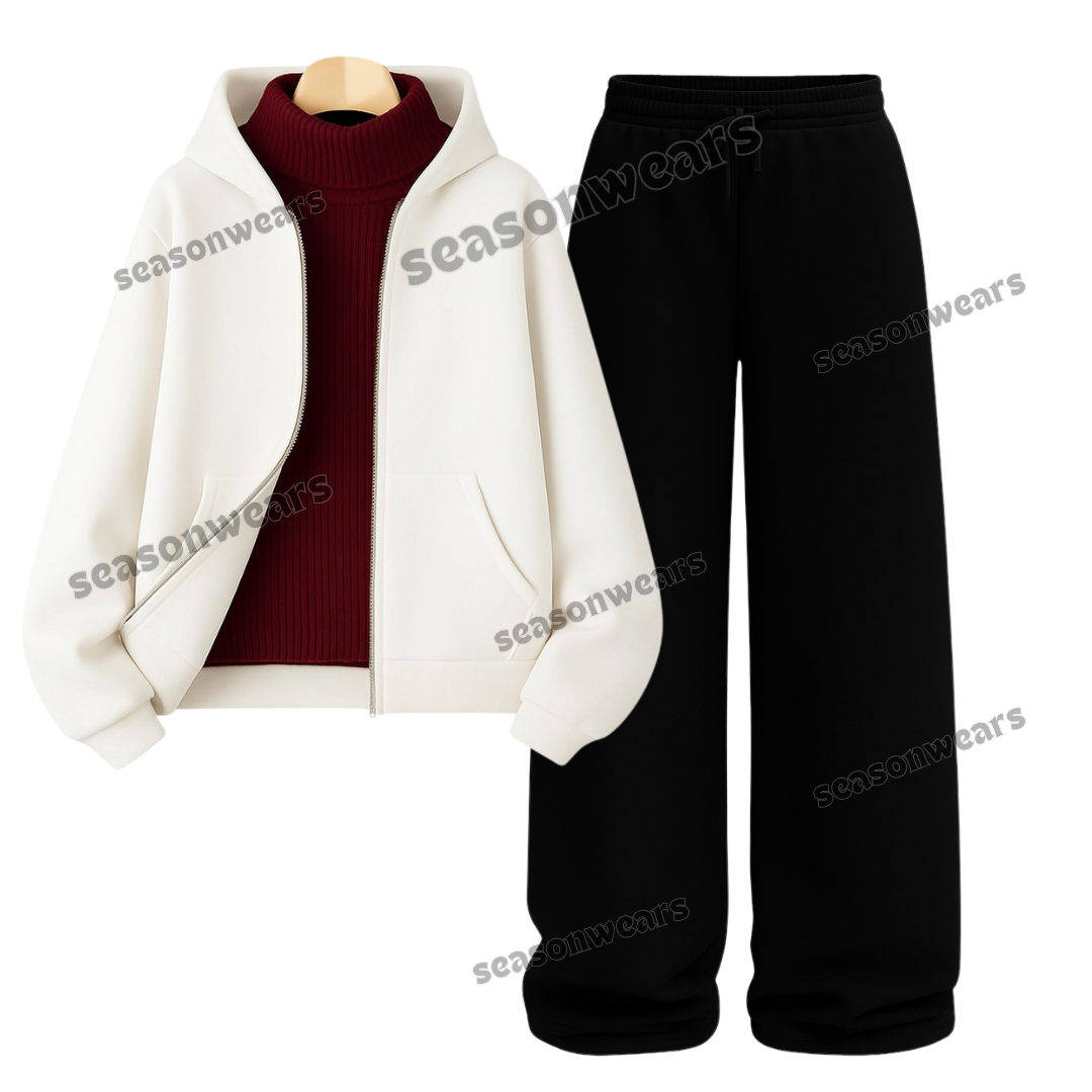 Straight Leg Trouser With White Zipper & Maroon Highneck