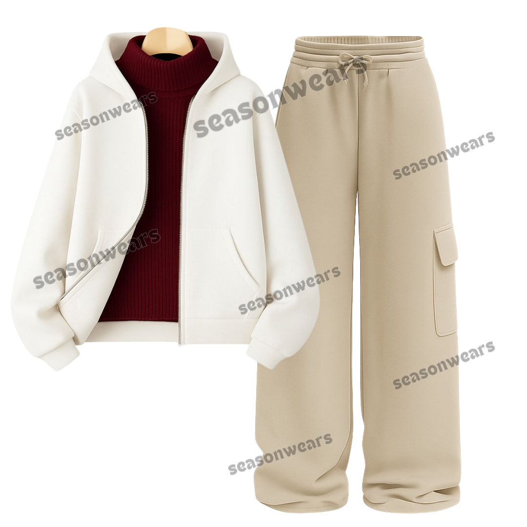 Straight Leg Cargo With White Zipper & Maroon Highneck