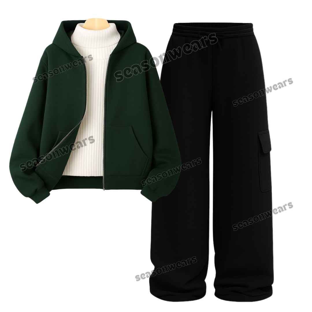 Straight Leg Cargo With DarkGreen Zipper & White Highneck