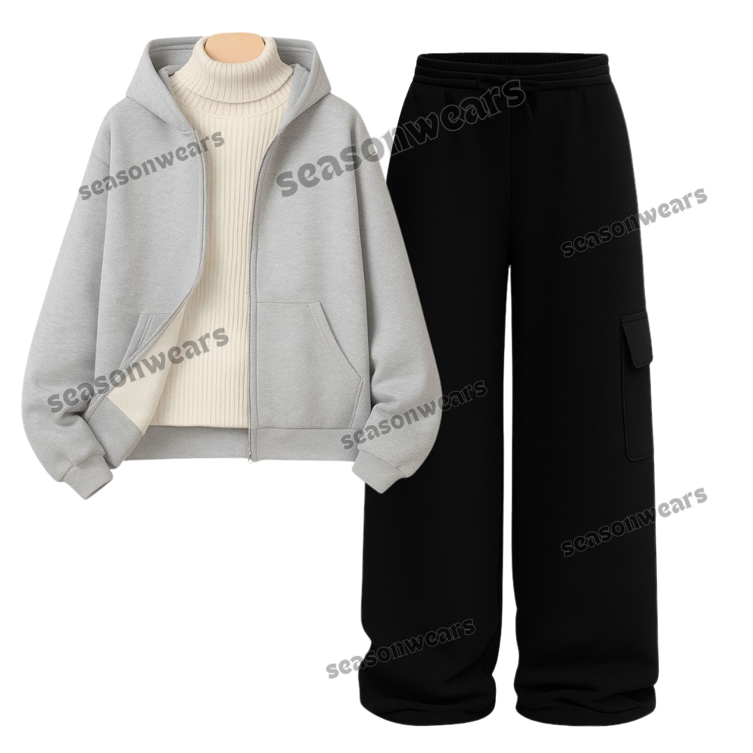 Straight Leg Cargo With Lightgrey Zipper & White Highneck