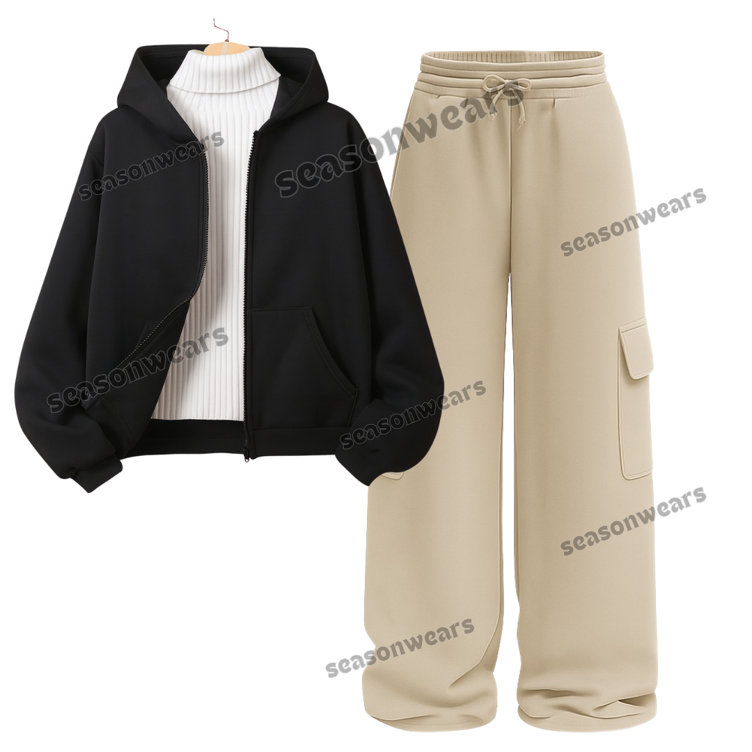 Straight Leg Cargo With Black Zipper & White Highneck