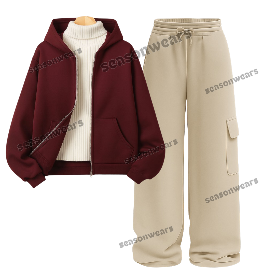 Straight Leg Cargo With Maroon Zipper & White Highneck