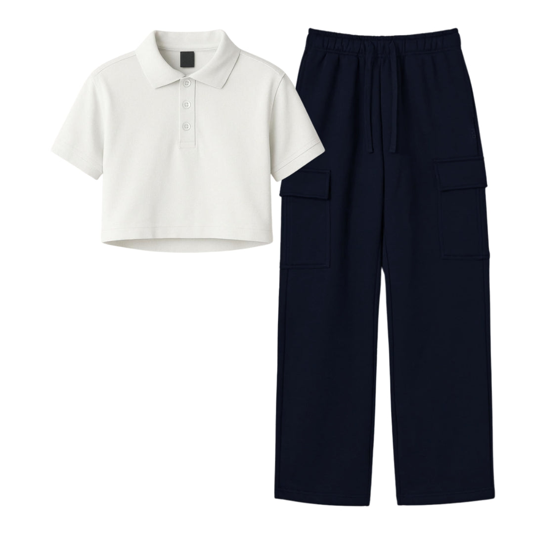 White Crop Polo With Navy Blue Cargo