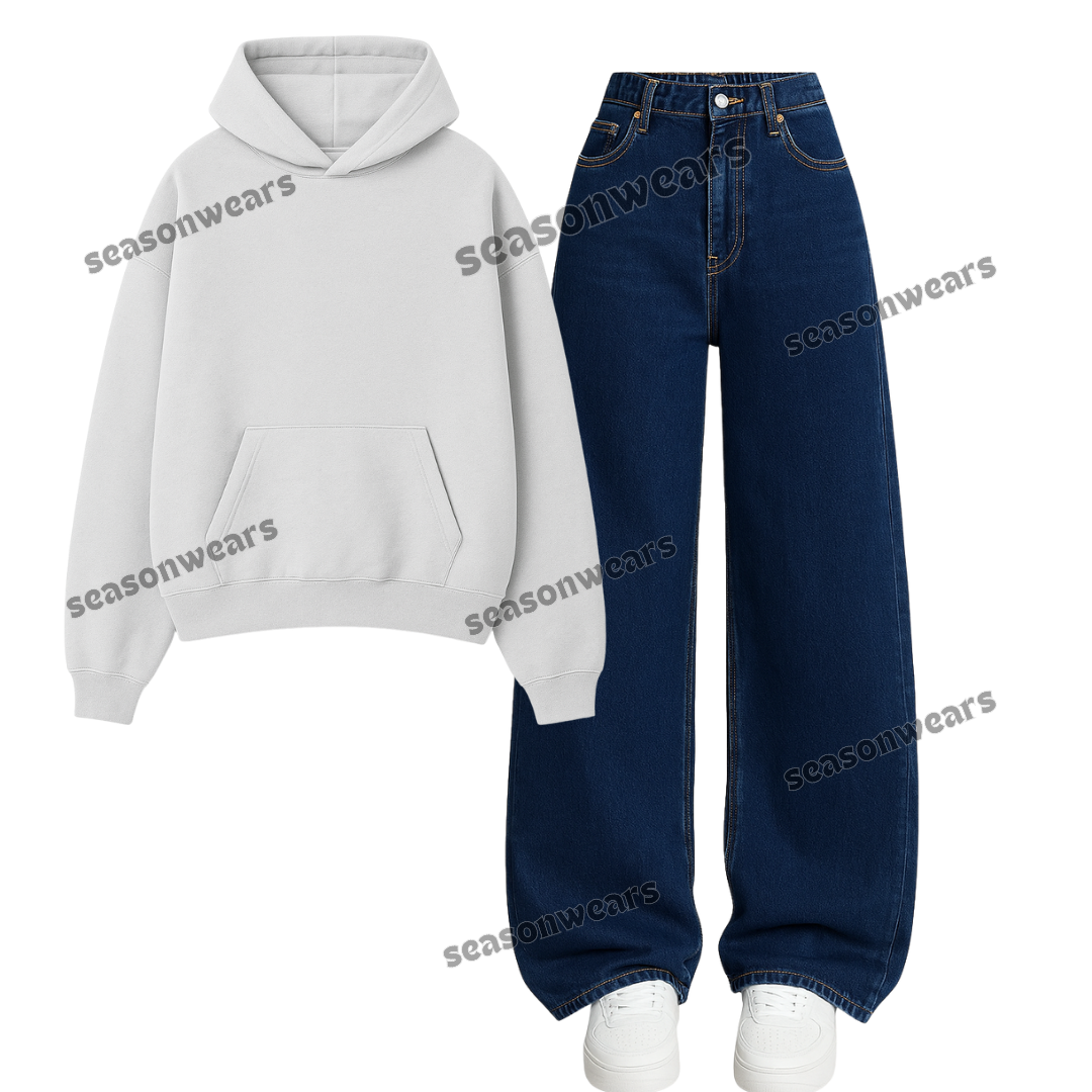 Dark Blue Wide Leg Jeans With Hoodie