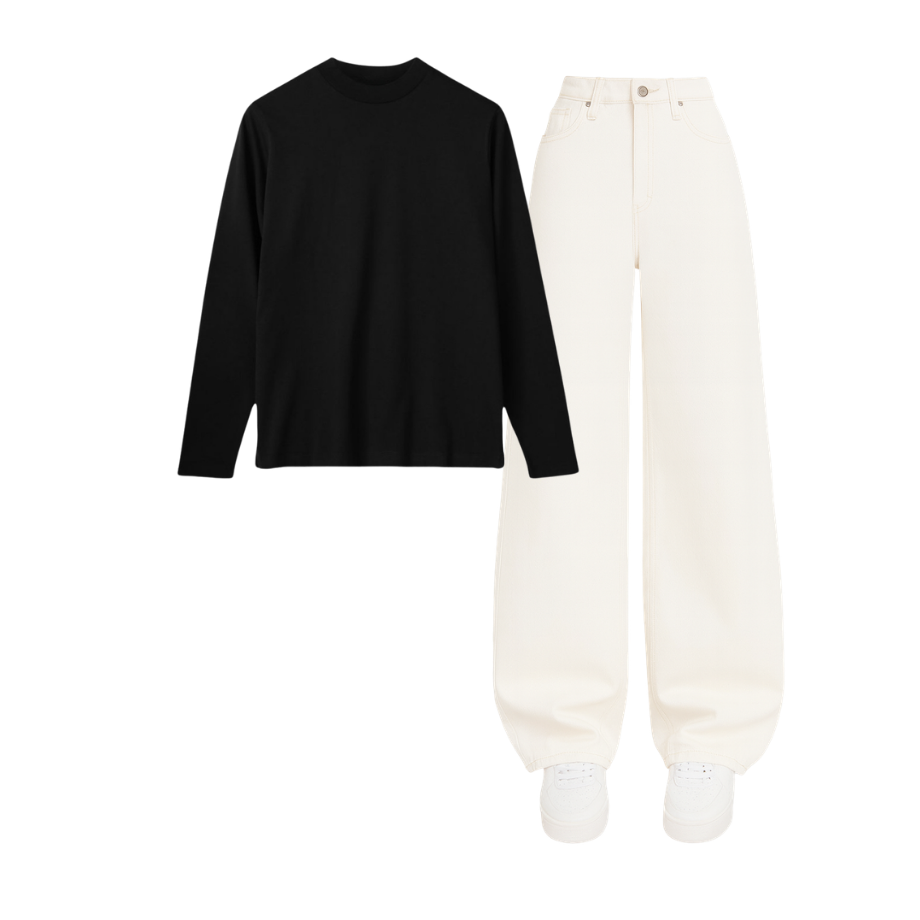 Full Sleeves Tee With White Wide Leg Jeans