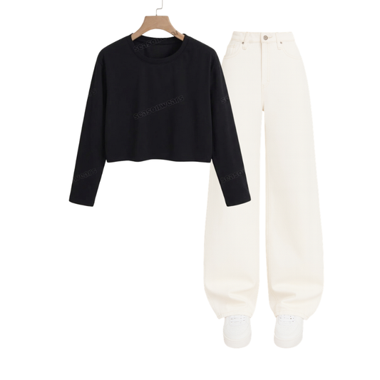 Crop Full Sleeves Tee With White Wide Leg Jeans