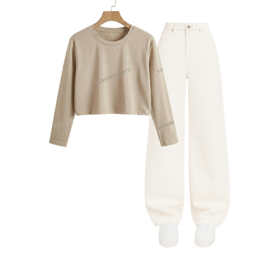 Crop Full Sleeves Tee With White Wide Leg Jeans