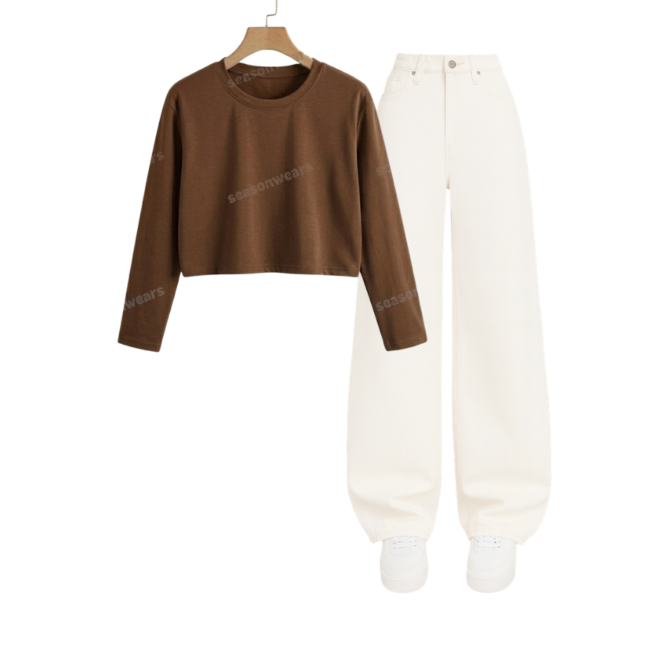 Crop Full Sleeves Tee With White Wide Leg Jeans