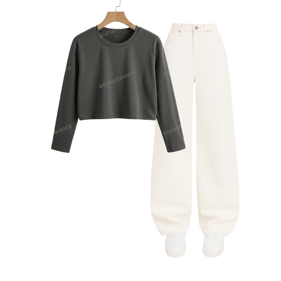 Crop Full Sleeves Tee With White Wide Leg Jeans