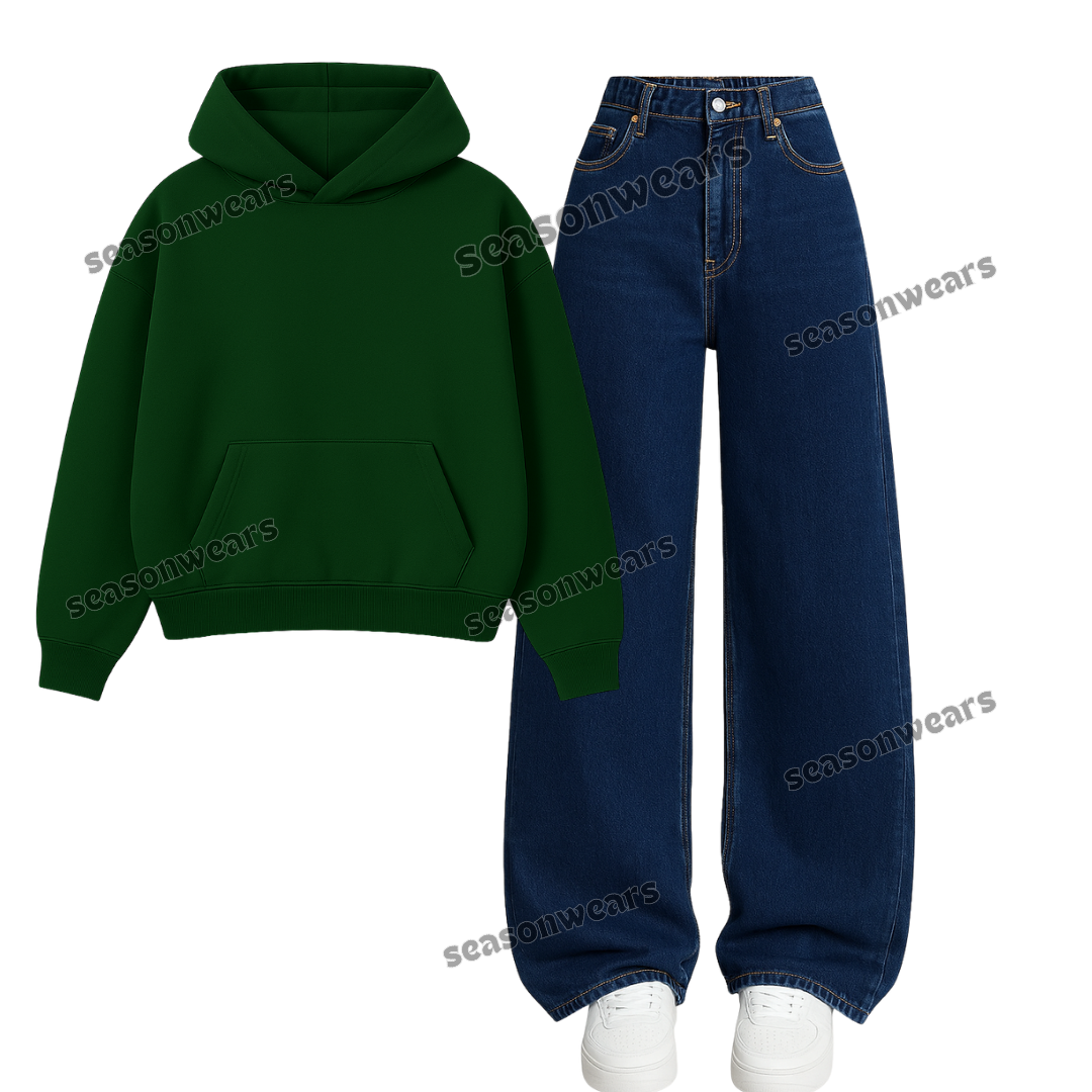 Dark Blue Wide Leg Jeans With Hoodie