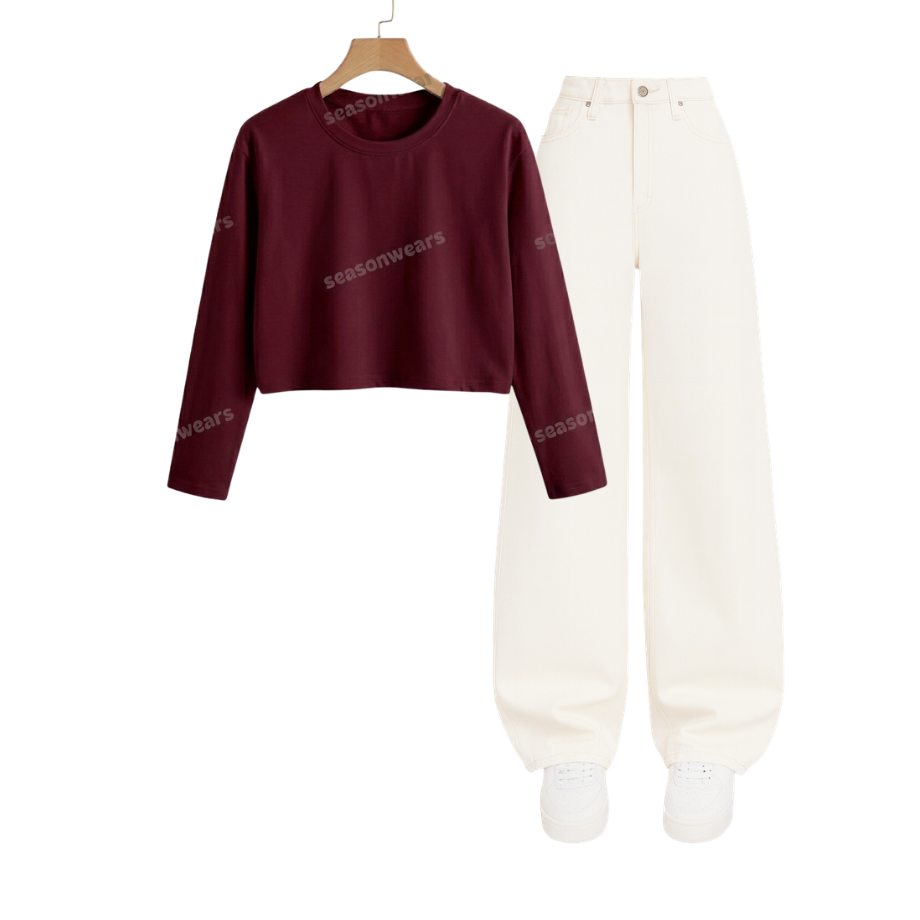 Crop Full Sleeves Tee With White Wide Leg Jeans