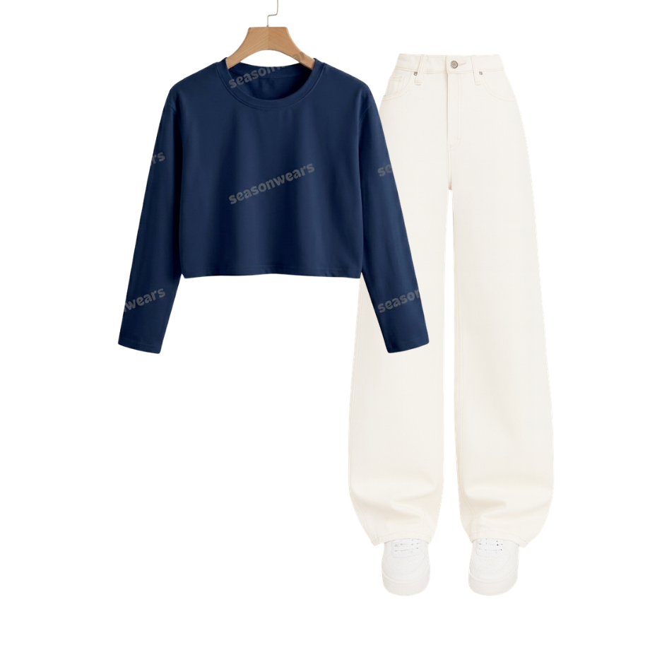 Crop Full Sleeves Tee With White Wide Leg Jeans