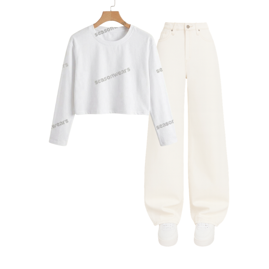 Crop Full Sleeves Tee With White Wide Leg Jeans