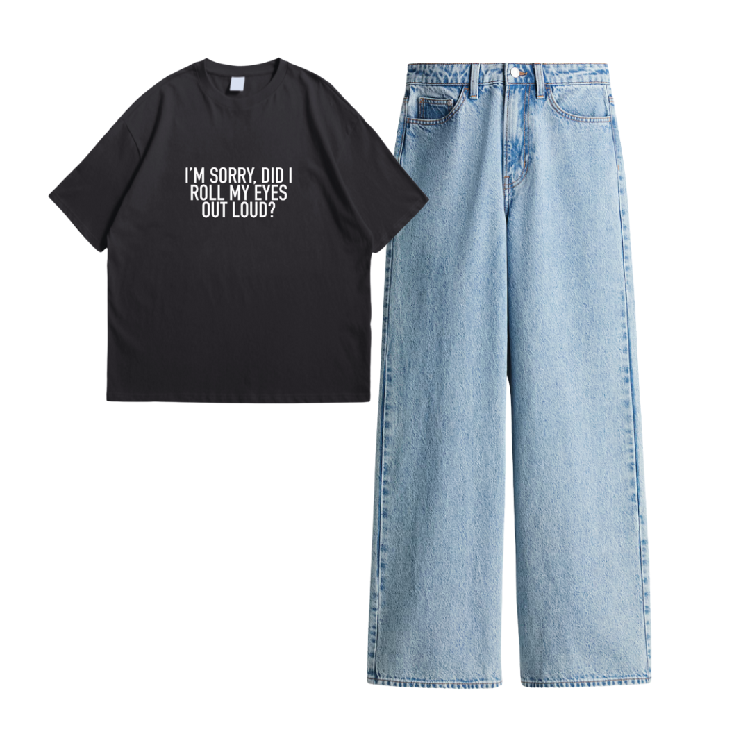 Wide Leg Jeans With Charcaol Grey Rolling My Eyes Oversized Tee