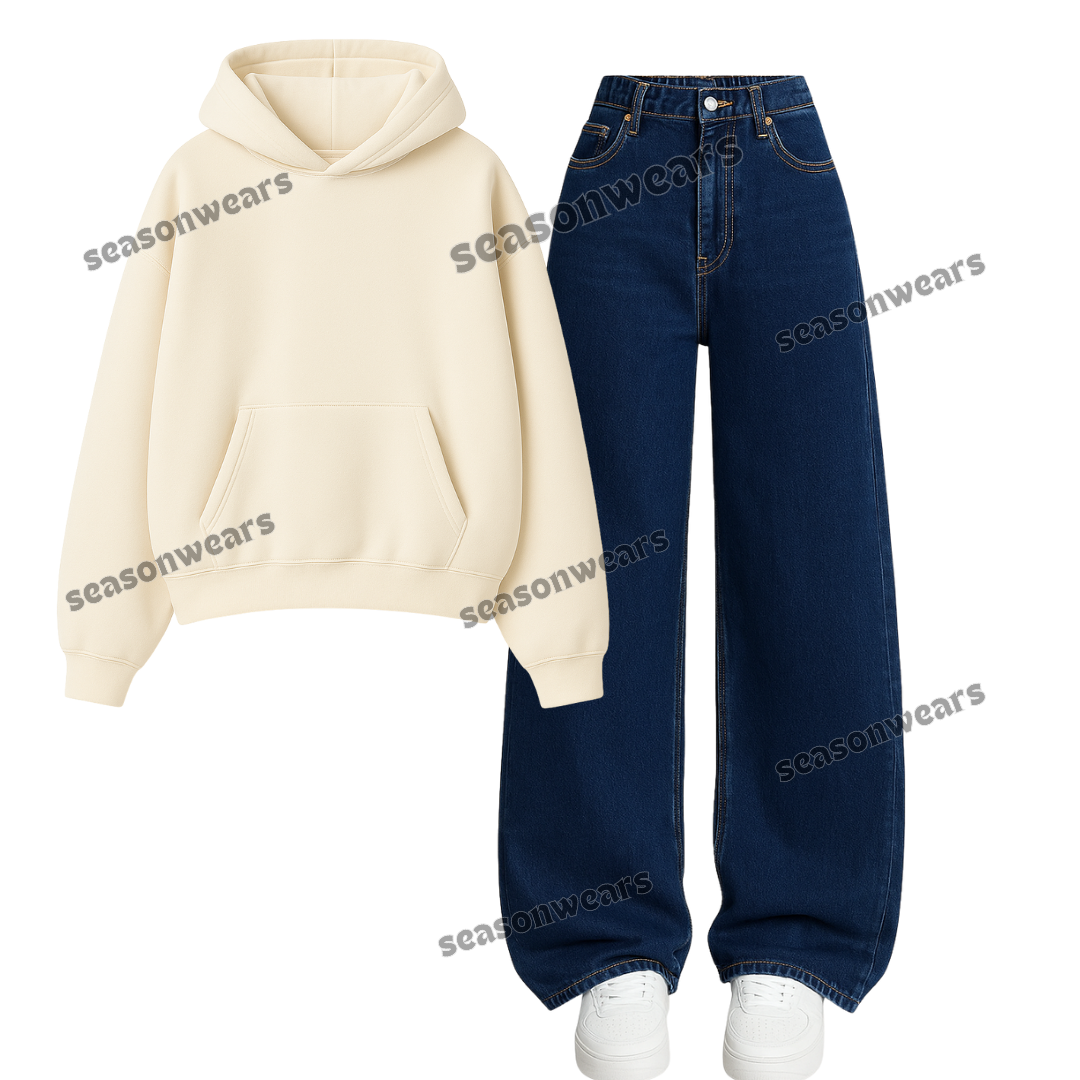 Dark Blue Wide Leg Jeans With Hoodie
