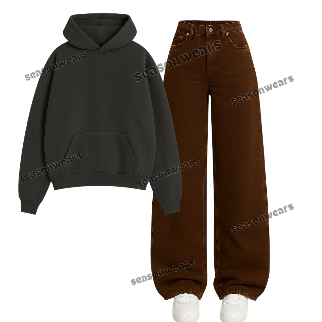 Brown Wide Leg jeans With Hoodie