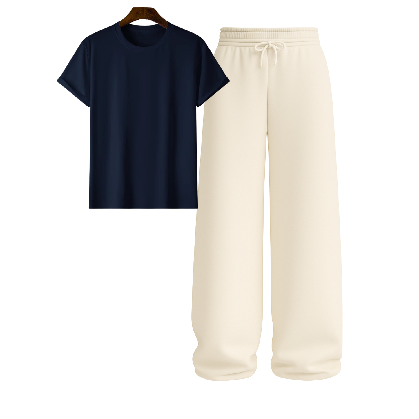 Regular Tee With Beige Wide Leg Trouser