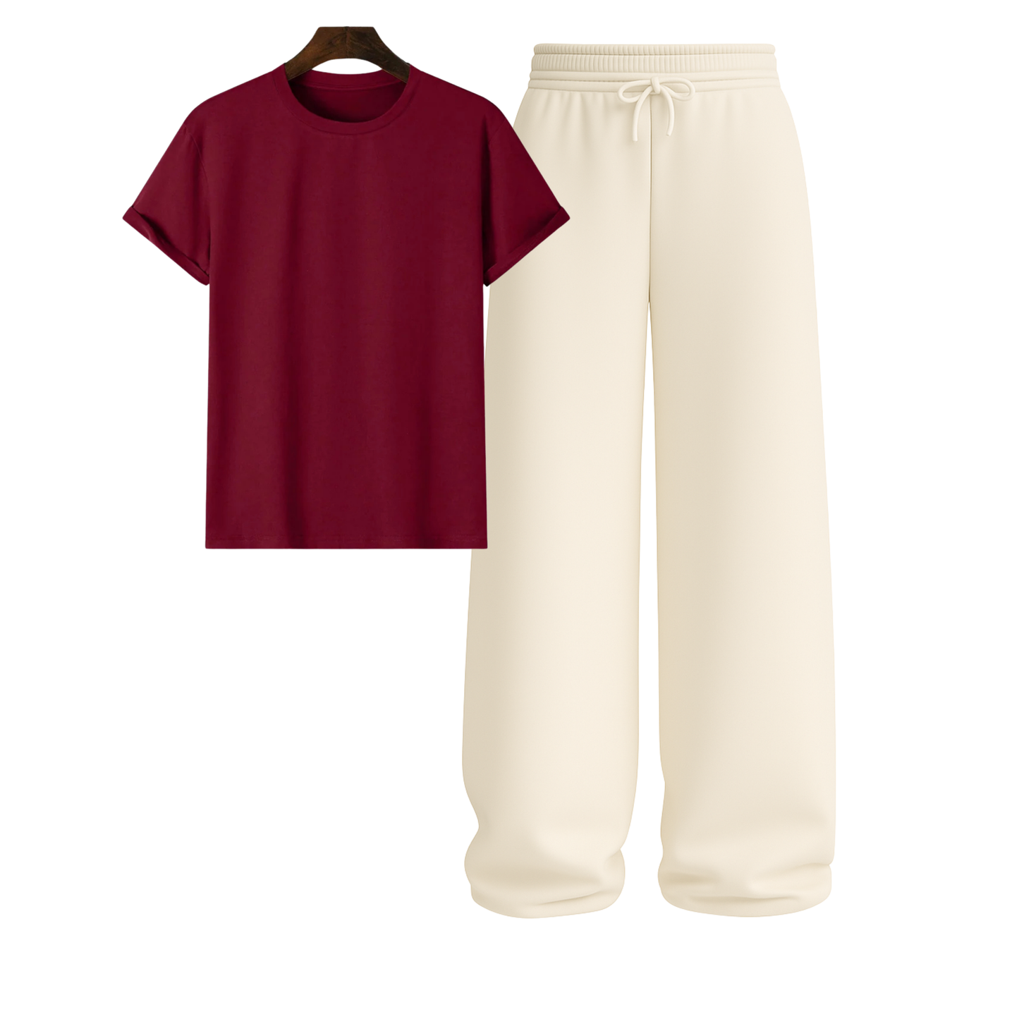 Regular Tee With Beige Wide Leg Trouser