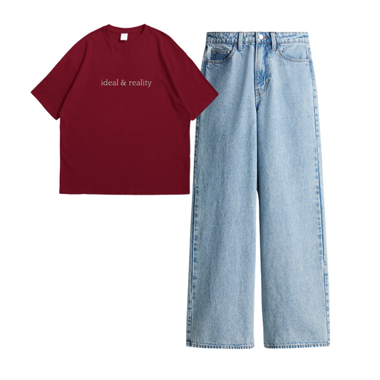 Wide Leg Jeans With Maroon Ideal And Reality Oversized Tee