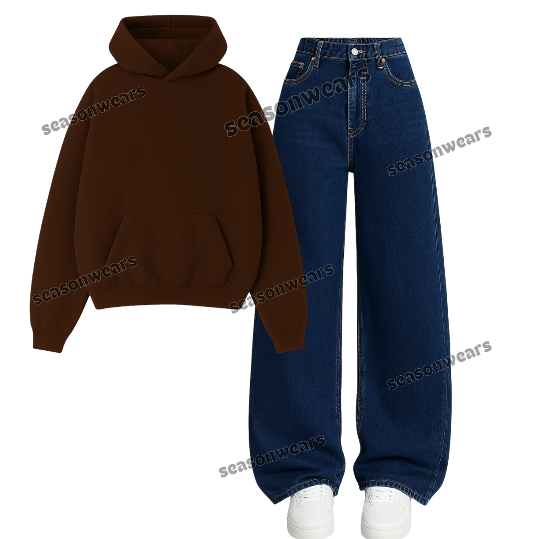 Dark Blue Wide Leg Jeans With Hoodie