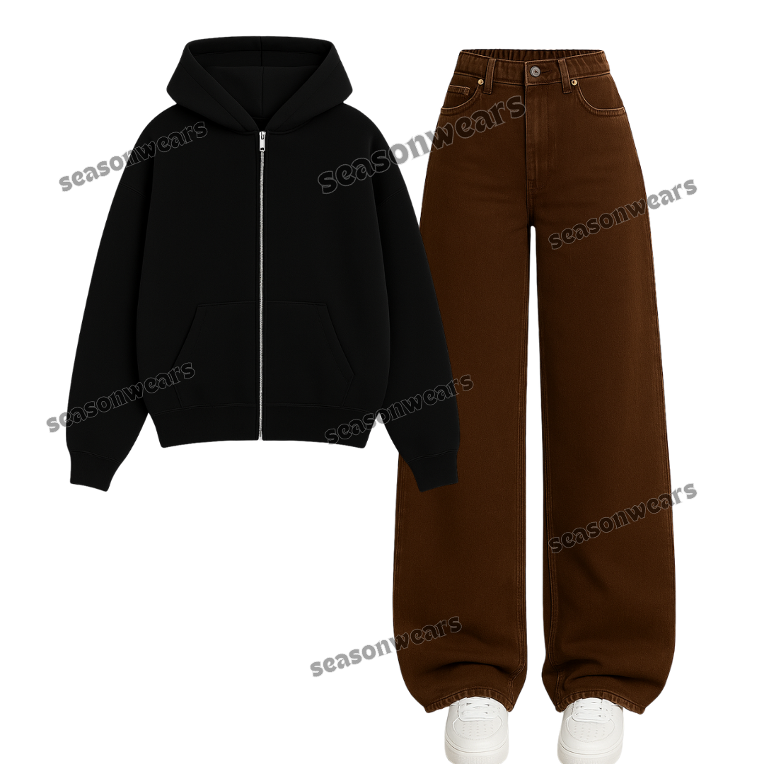 Brown Wide Leg Jeans With Zipper