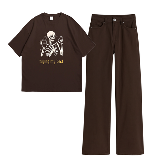 Brown Wide Leg Jeans With Trying My Best Oversized Tee
