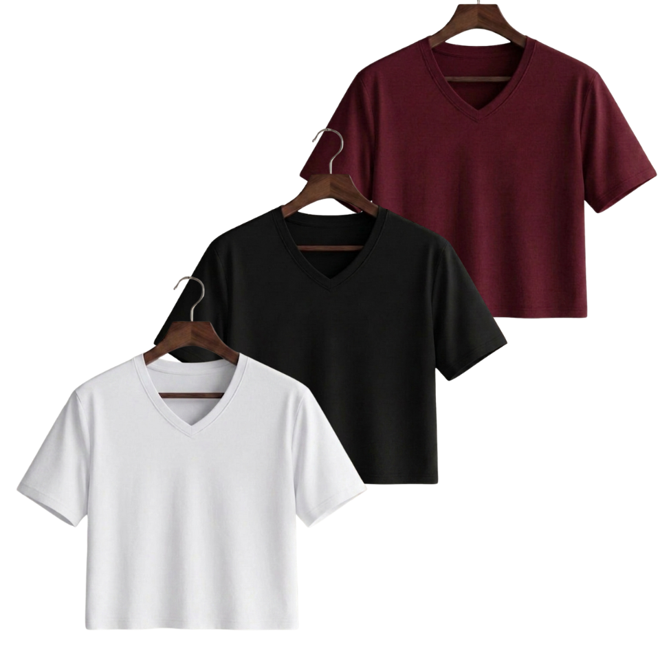 Pack Of 3 Crop V-Neck Tee