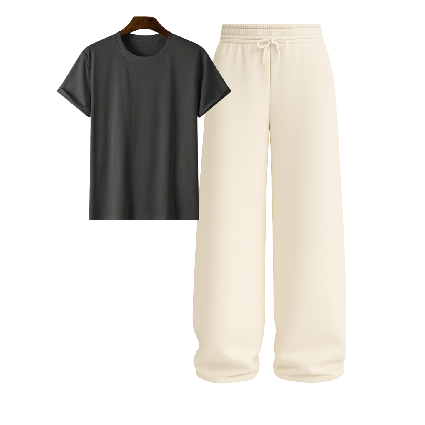 Regular Tee With Beige Wide Leg Trouser