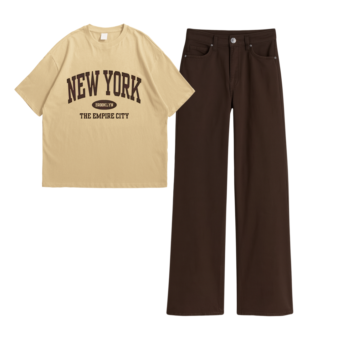 Wide Leg Jeans With Cream New York Oversized Tee