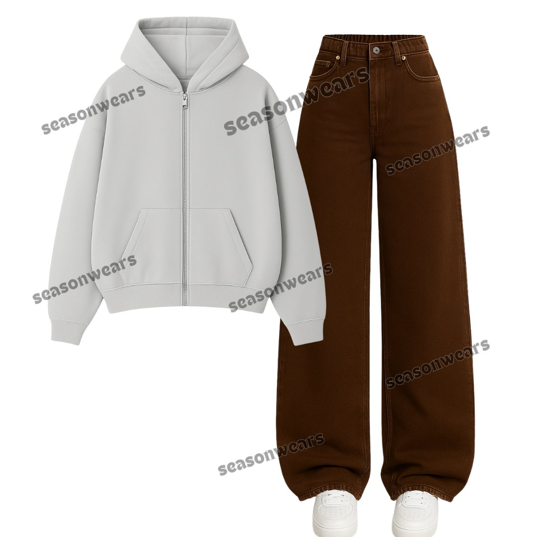 Brown Wide Leg Jeans With Zipper