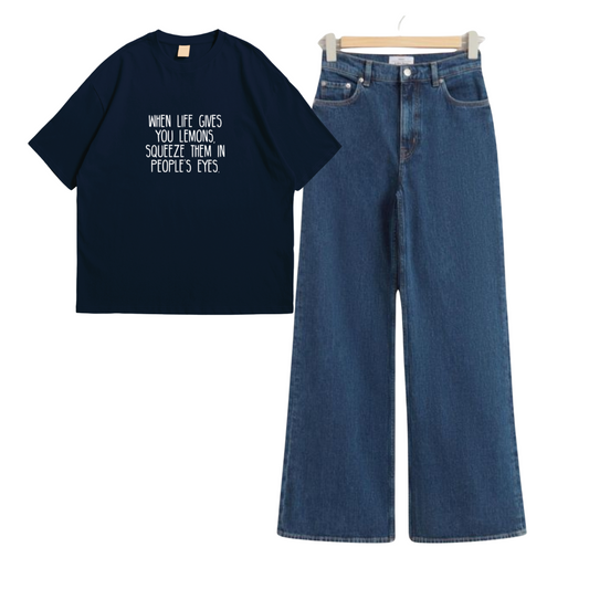 Dark Blue Wide Leg Jeans With Squeeze Lemon In Others Eyes Oversized Tee