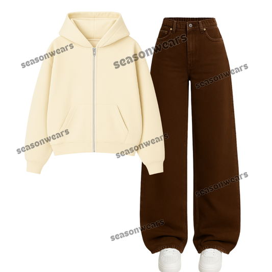 Brown Wide Leg Jeans With Zipper