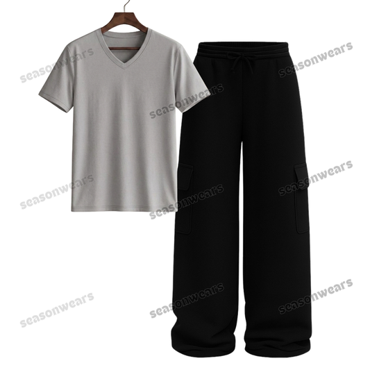 V-Neck Tee With Black Wide Leg Cargo