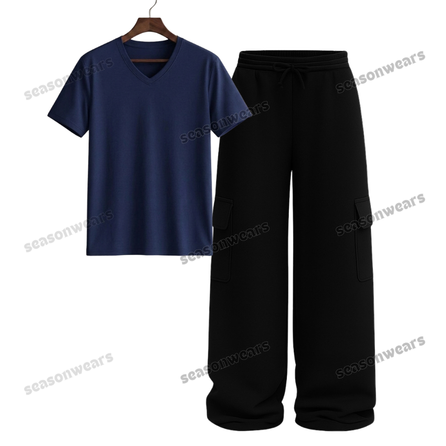 V-Neck Tee With Black Wide Leg Cargo