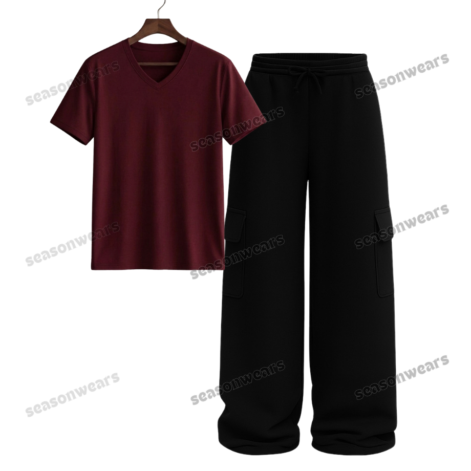 V-Neck Tee With Black Wide Leg Cargo