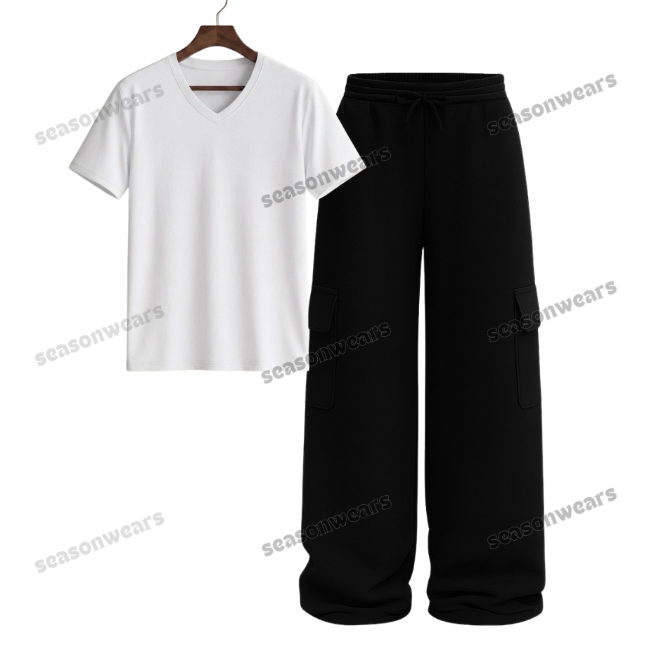 V-Neck Tee With Black Wide Leg Cargo