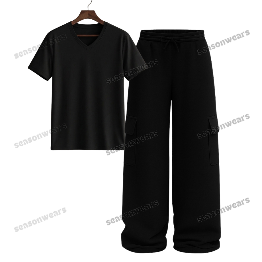 V-Neck Tee With Black Wide Leg Cargo