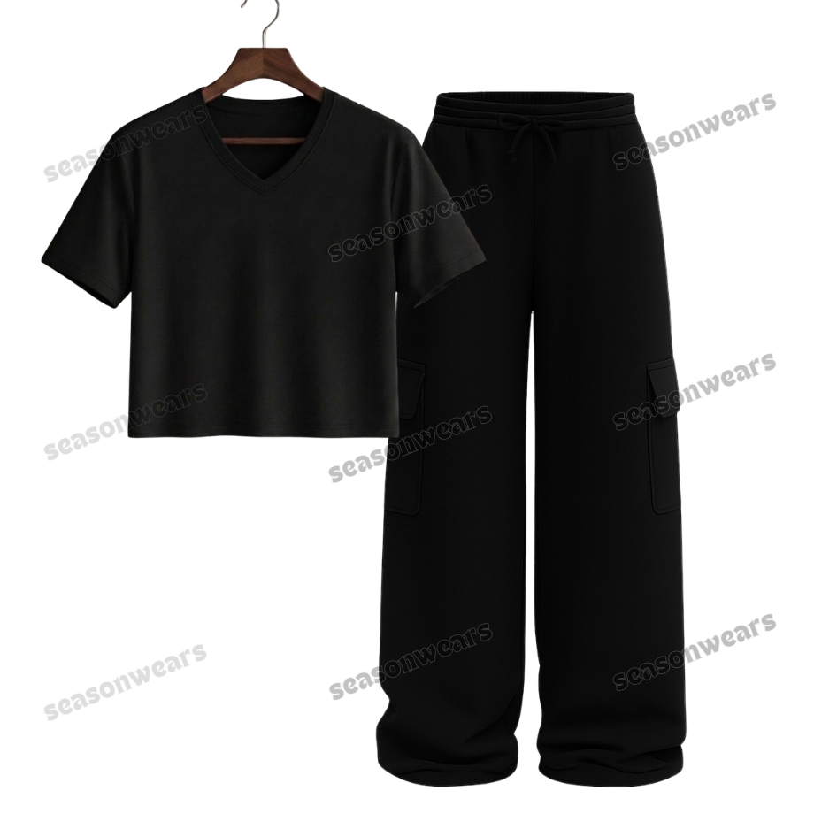Crop V-Neck Tee With Black Wide Leg Cargo