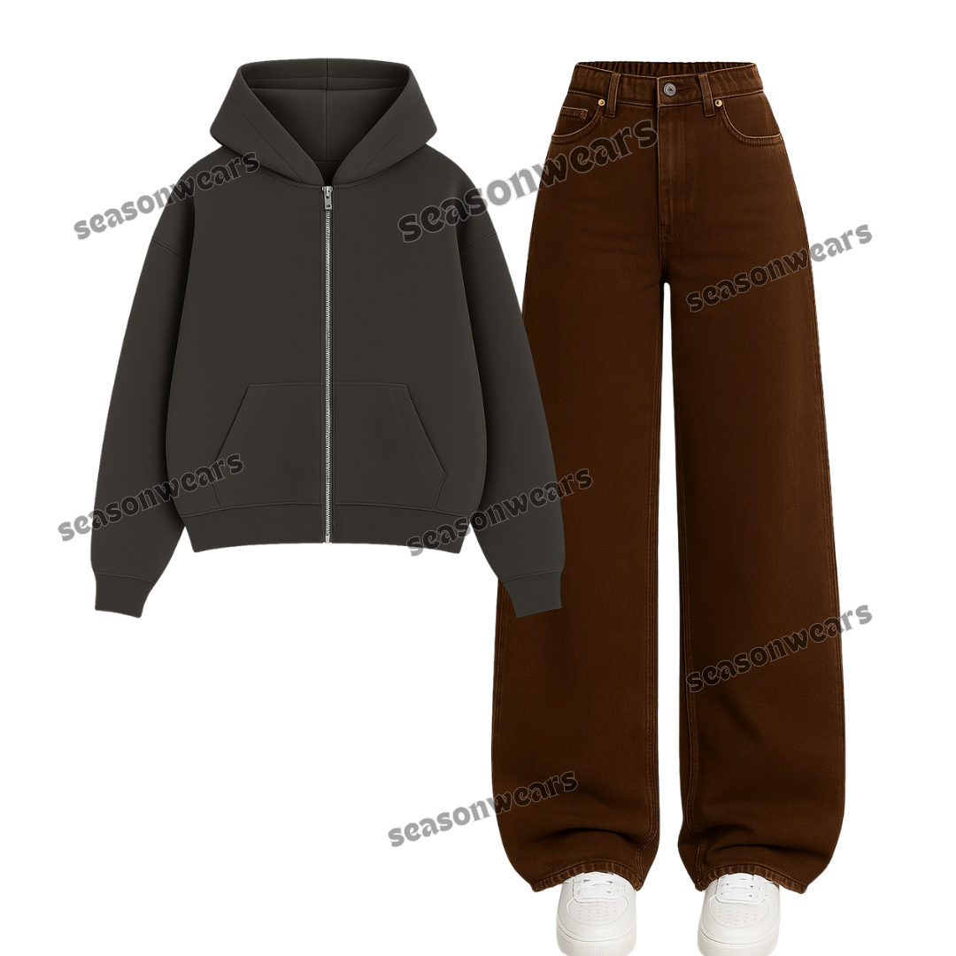 Brown Wide Leg Jeans With Zipper