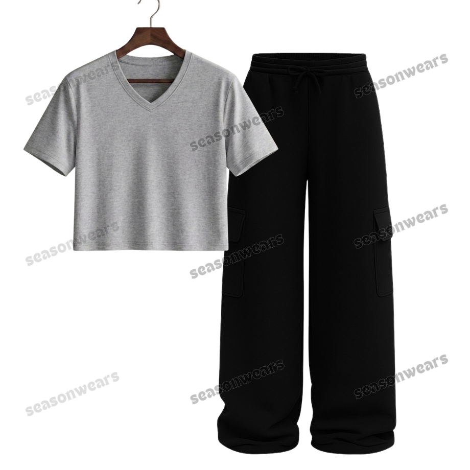 Crop V-Neck Tee With Black Wide Leg Cargo