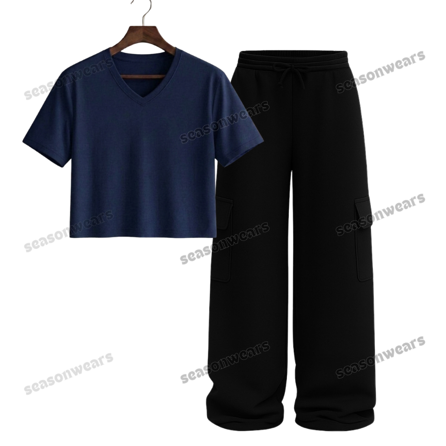 Crop V-Neck Tee With Black Wide Leg Cargo
