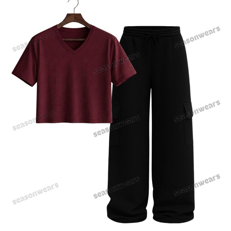 Crop V-Neck Tee With Black Wide Leg Cargo