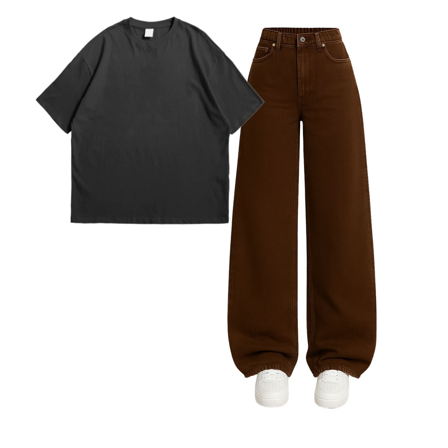 Oversized Drop Shoulder Tee With Brown Wide Leg Jeans
