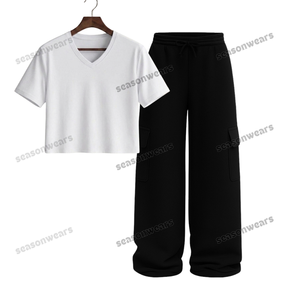 Crop V-Neck Tee With Black Wide Leg Cargo
