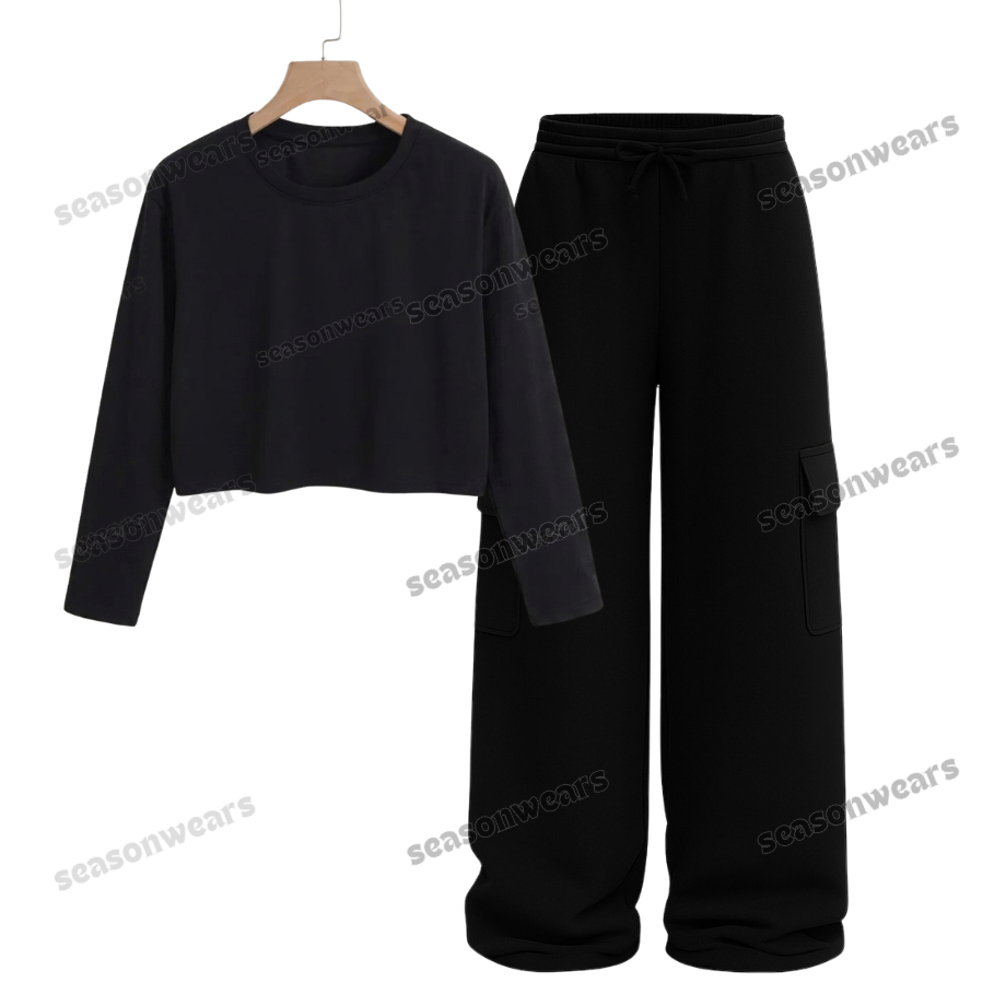 Crop Full Sleeves Tee With Black Wide Leg Cargo