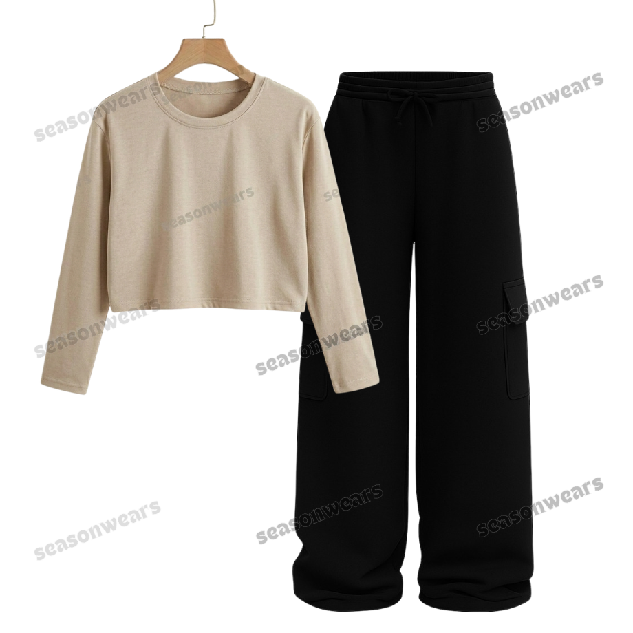 Crop Full Sleeves Tee With Black Wide Leg Cargo