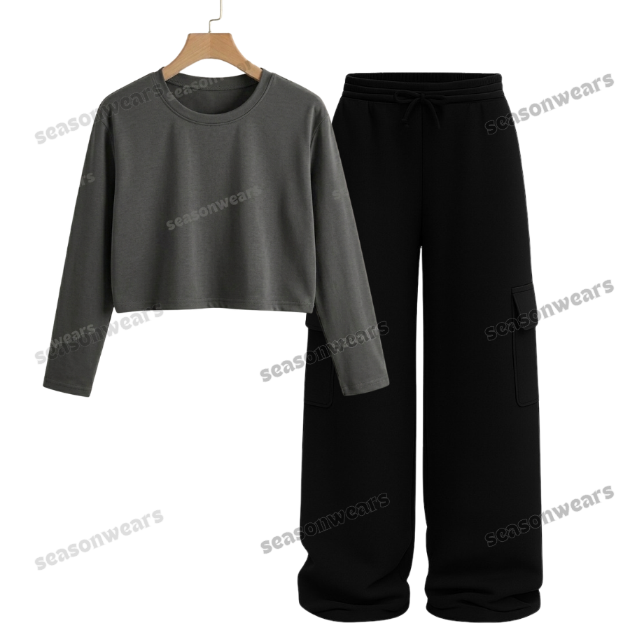 Crop Full Sleeves Tee With Black Wide Leg Cargo